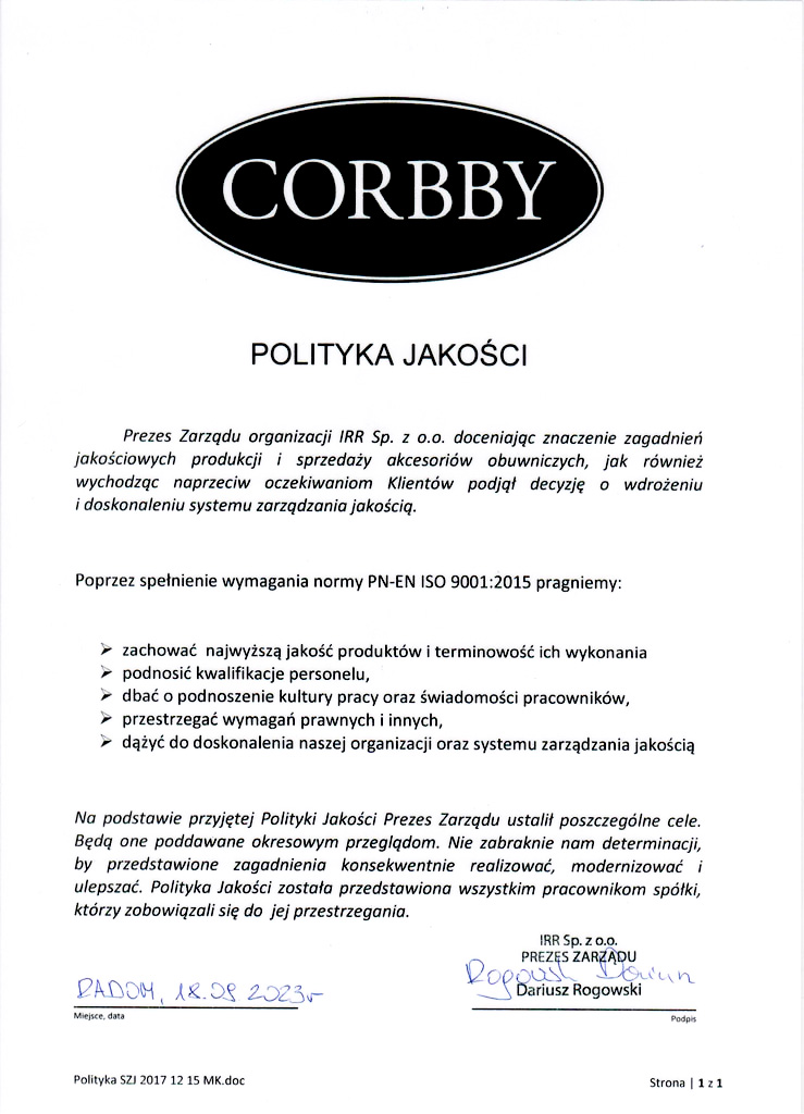 Firma IRR CORBBY spełnia wymagania normy PN-EN ISO 9001:2015